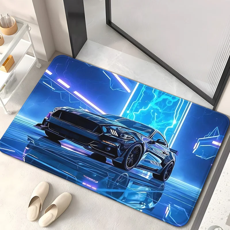 VIKAMA Neon Sports Car Doormat Cool Racing Supercar Print Non Slip Water Absorbent Floor Mat Cyberpunk Blue Light Effect Rug