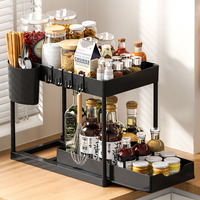 Double-Deck Pull-Out Organizer - Easy-Clean ABS Kitchen/Bathroom Shelf, High-Capacity & Anti-Rust (Black/White)
