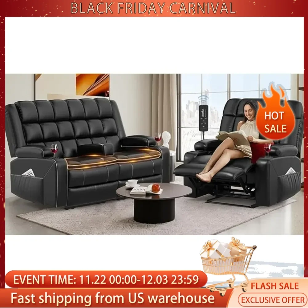 Reclining Sofa and Loveseat Set with Heat Massage, Removable Console, Storage Armrests,Breathable Faux Leather Living Room Sofas