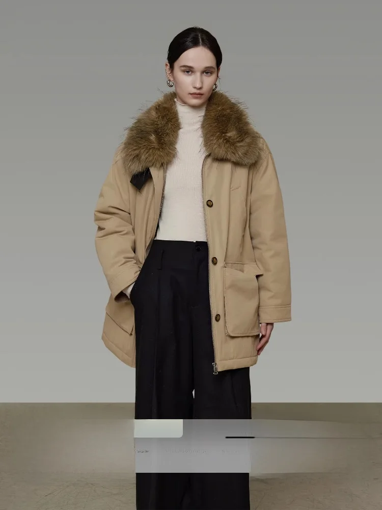 

Unspoken Women's Detachable Fur Collar Jacket Thickened Loose Fit Mid-Length Cotton Workwear Style Winter Outerwear Coat