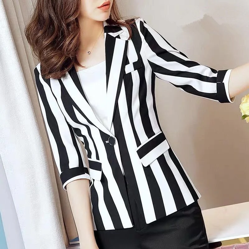 2022 Spring Autumn Women Fashion Temperament Striped Slim Office Lady Business Suit Elegant Pockets Notched Blazers Jackets Coat