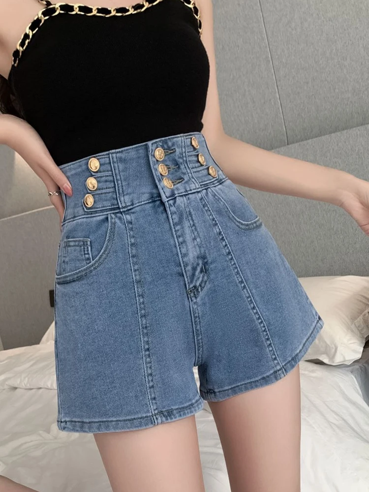 

Summer Women Denim Shorts 2023 New Black Blue High Waist Short Jeans Femme Buttons Hotpants