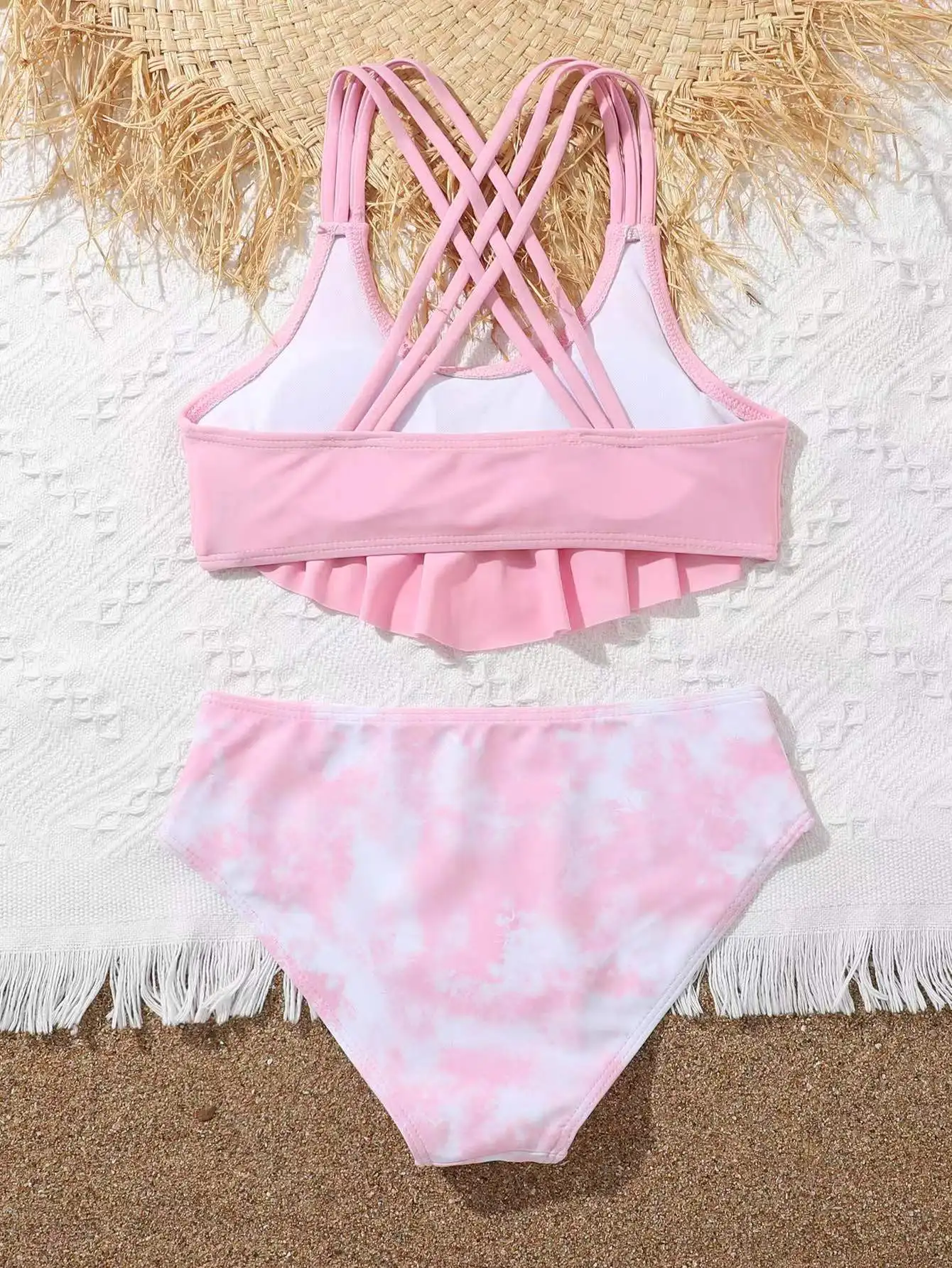 Girls Ruffle High Waist Bikini Two Pieces Swimsuit for Kids Children\'s Swimwear 7-12 Years Teenager Bathing Suit Beachwear Pink