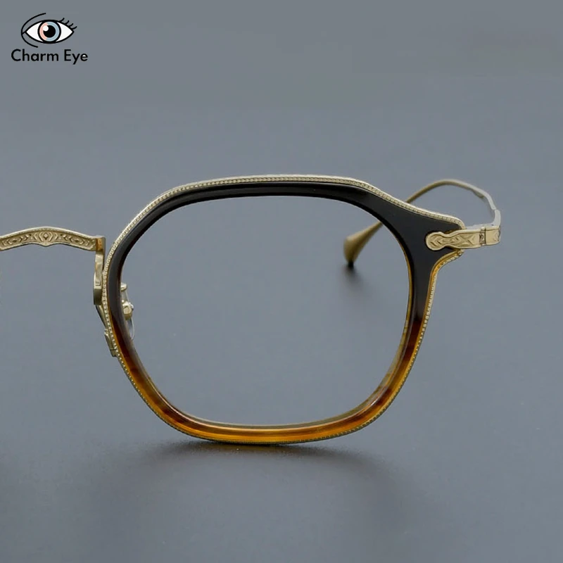 التدرج الشاي الذهب نظارات الرجال اليدوية التيتانيوم النقي مربع البصرية خلات النظارات الإطار النساء قصر النظر القراءة مكتب النظارات #4