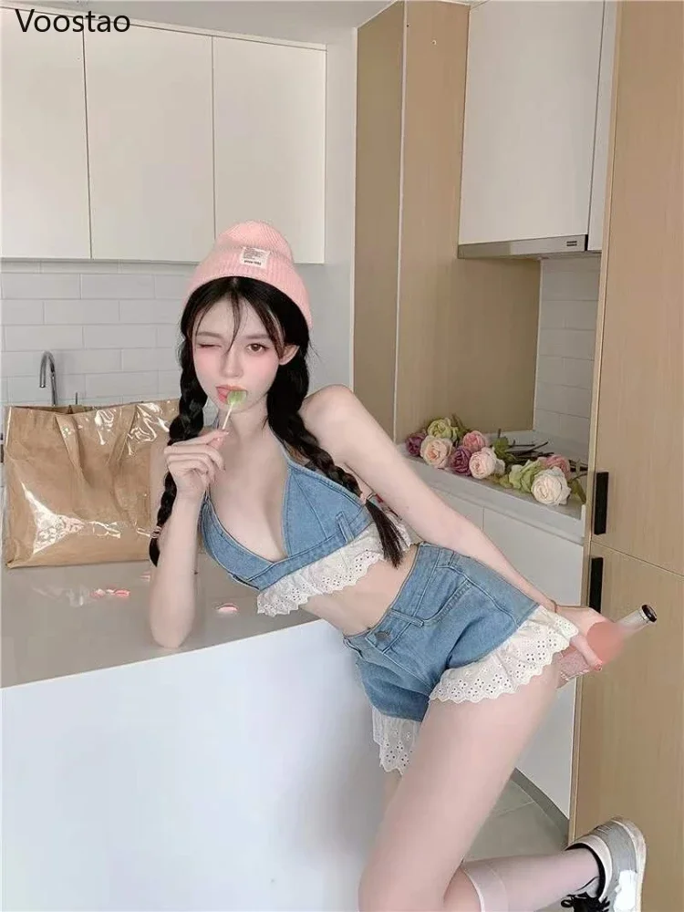 Japanese Sweet Beach Denim 2-częściowy zestaw damski Sexy Bow Lace Bandage Crop Tops Shorts Suit Summer Girly Lolita Ruffles Outfits