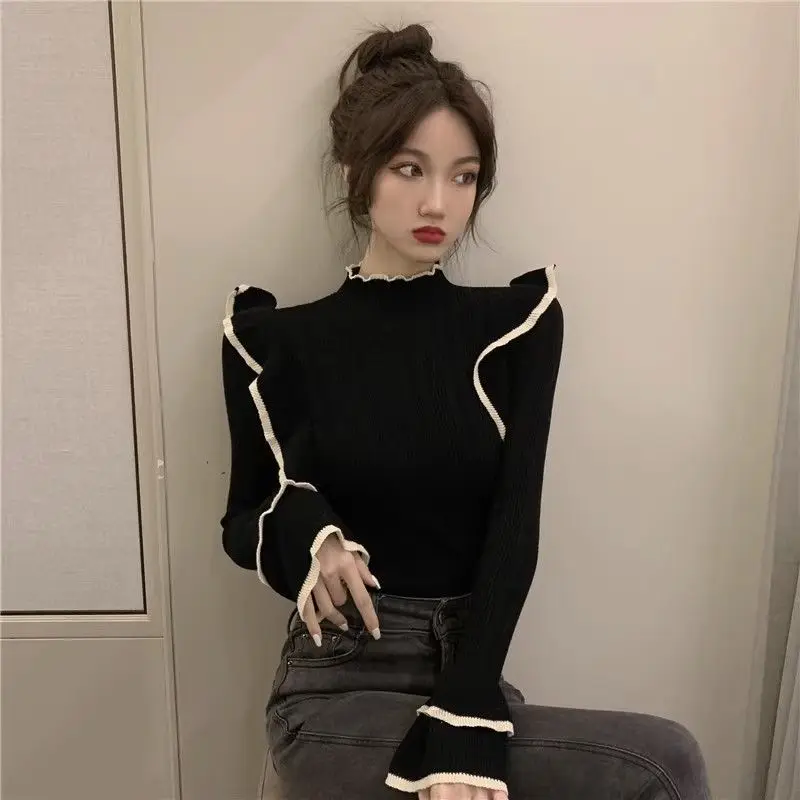 Long Sleeve Solid Color Pullovers Slim Fashion Femme Interior Lapping Patchwork Elegant Knitting Tops Women\'s Clothing 2023 New