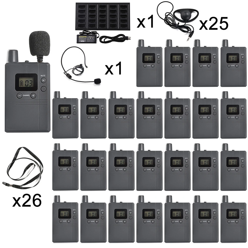 Wireless Whisper Tour Guide System Audio Guide System for Group Bus Tour Factory Plant Tour Museum Visiting 1 TX 25 RX