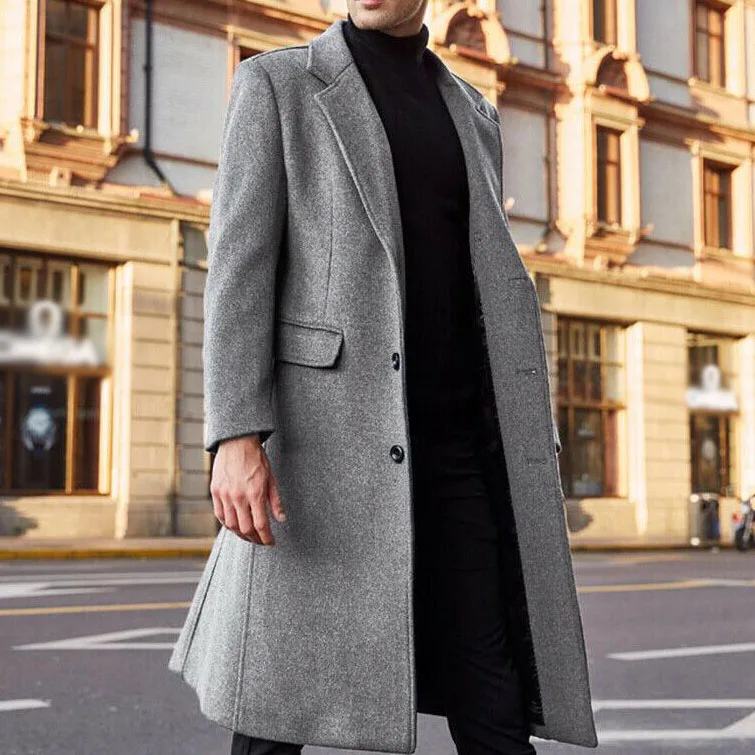 Men's Notch Lapel Double Breasted Long Trench Coat Casual Cotton Blend Peacoat
