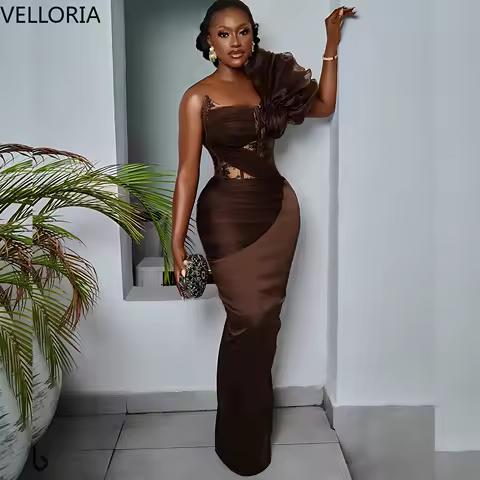 Aso Ebi Brown Evening Dress Elegant Mermaid One Shoulder Folded Prom Dress African Black Women's Long Party Gown Customized