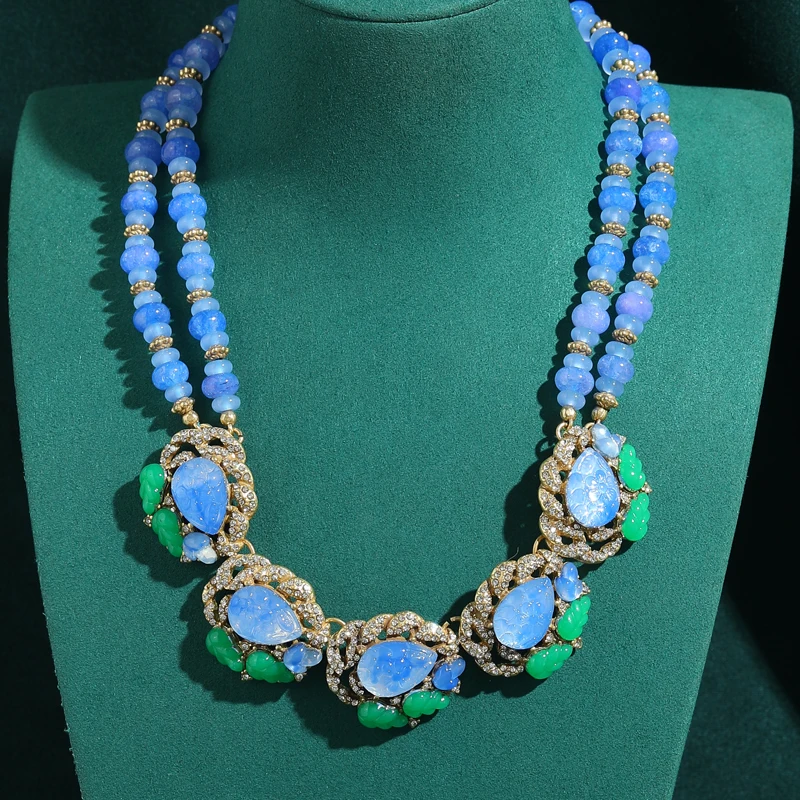 

Pendant Vintage Blue Glazed Layered Beads Necklace Green Natural Stone High Quality Decoration Banquet Luxury Jewelry For Women