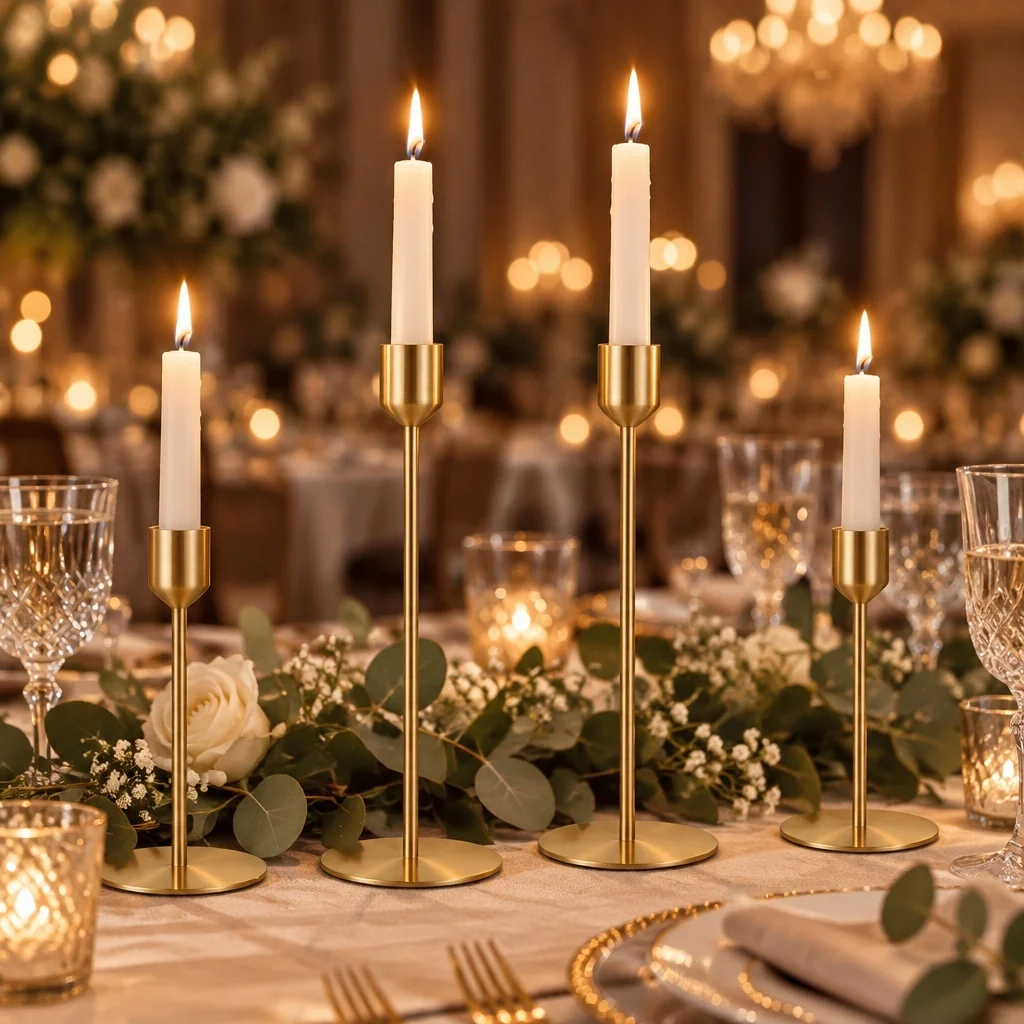 4 Pack Staggered Height Pillar Candle Holders, Modern Geometric Metal Candle Stands, Elegant Table Decor for Wedding Reception &