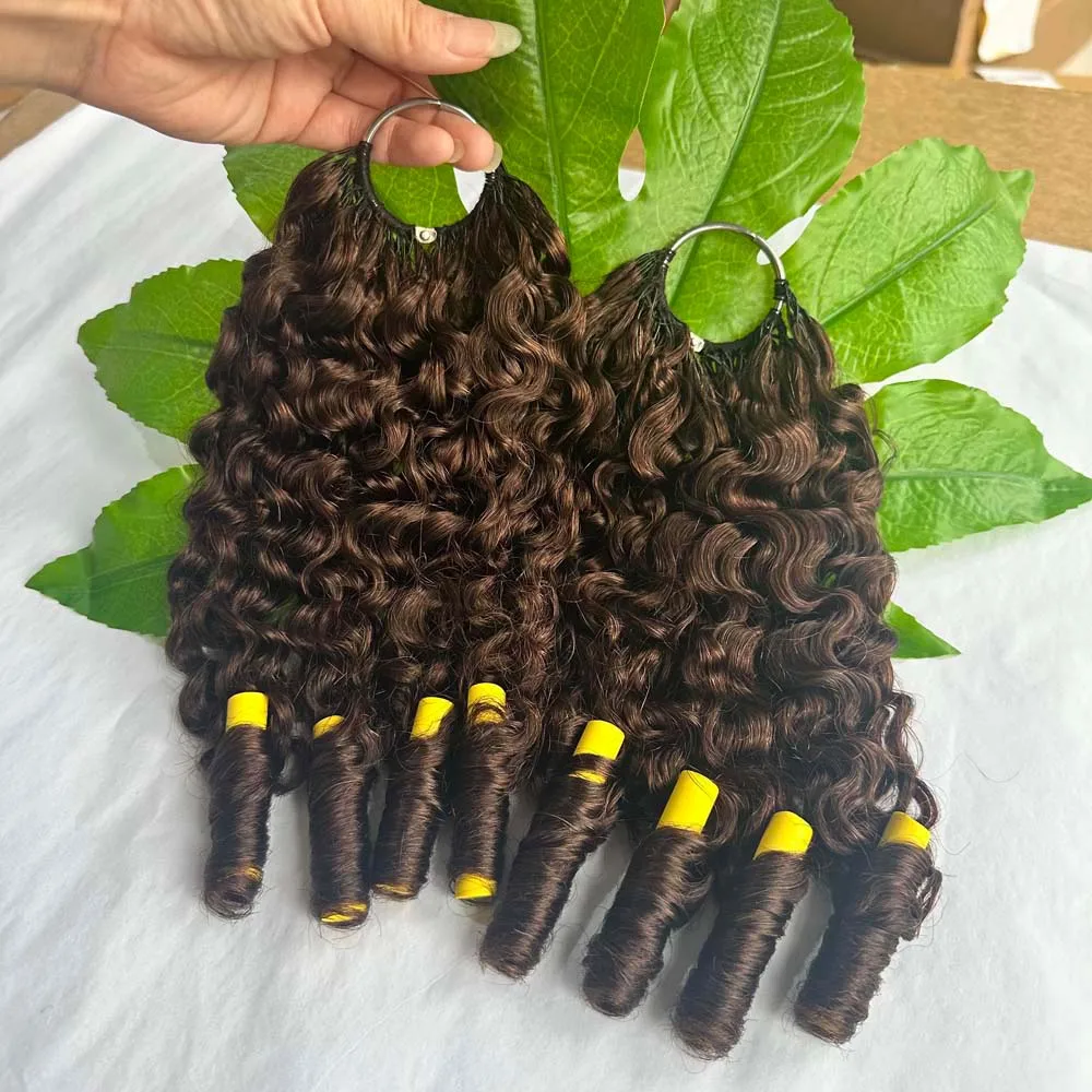 Miracle Knots Crochet Human Hair Burmese Curly Brown 4# 60g 18 Inch 50 Strands, Chocolate Brown, Pre-Separated Invisible Feather Burmese Curly Crochet Hair for Black Women, Reusable Long-terms