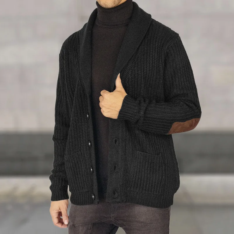

Autumn And Winter Knitted Sweater Jacket Lapel Long-sleeved Cardigan Fashion Suede Splicing Sweater Men's Clothing