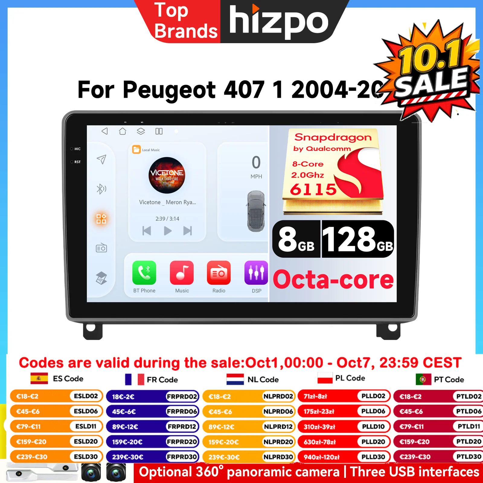 Hizpo Qualcomm Lettore Multimediale per Auto per Peugeot 407 Cc SW 407CC 2004-2011 Radio Android Navigazione Stereo CarPlay Auto AI