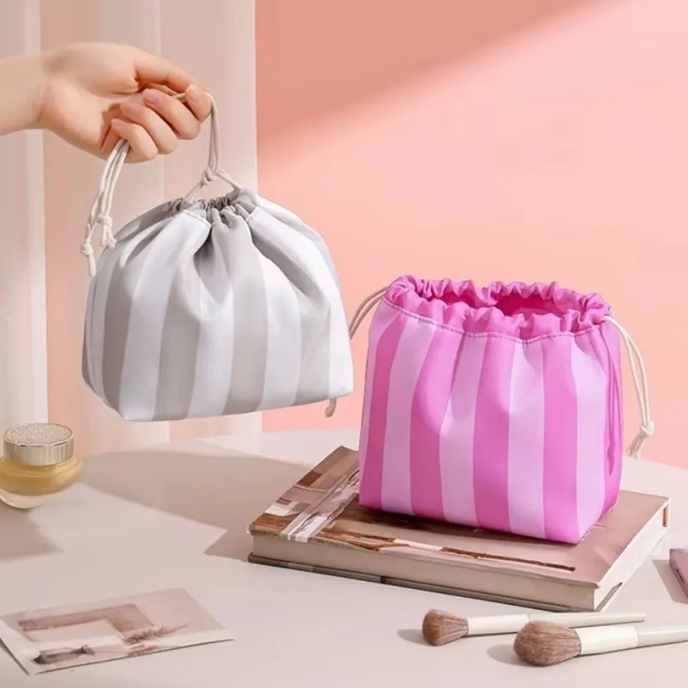 Striped Drawstring Cosmetic Bag Large Capacity Waterproof Makeup Bag Organize Portable Drawstring Closure