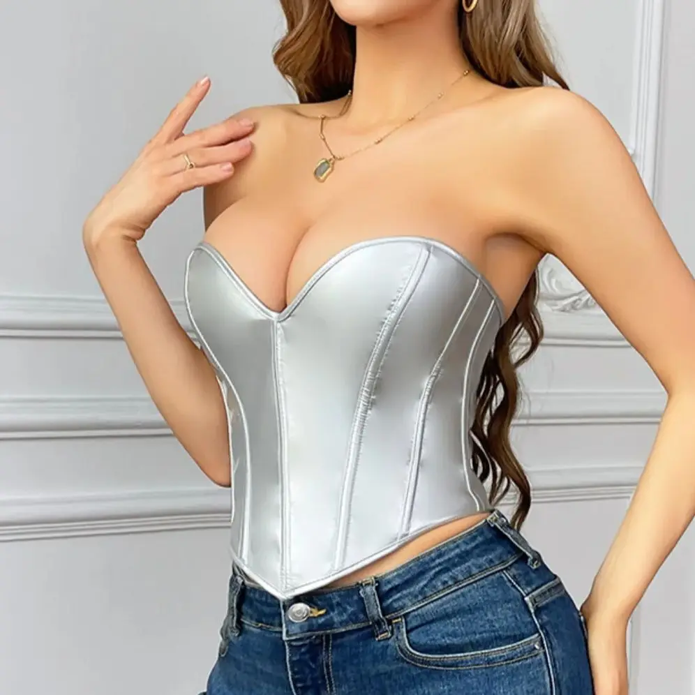 

Women Heart-shaped Lace-up Bustier Silver Leather Corset Tube Tops Chic Slim Fit Corsets Vest Shapewear Bodysuit Bodyshaper Top