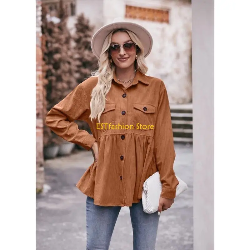 Y5GC Womens Corduroy Shacket Lapel Button Down Peplum Shirt Oversized Long Sleeve Babydoll Blouses Tops with Pockets
