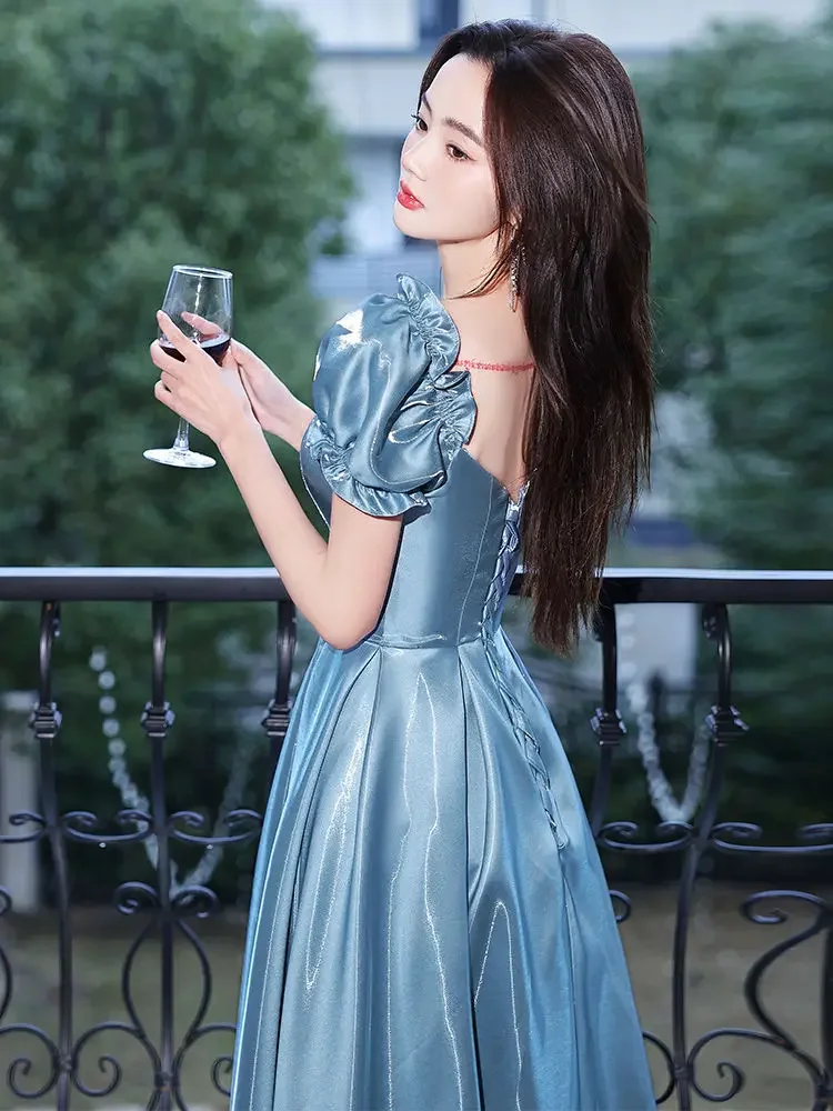 Ofallsis Blue Puff Sleeve Banquet Evening Dress Female 2023 New Elegant Birthday Light Luxury Graduation Art Exam Host Dresses