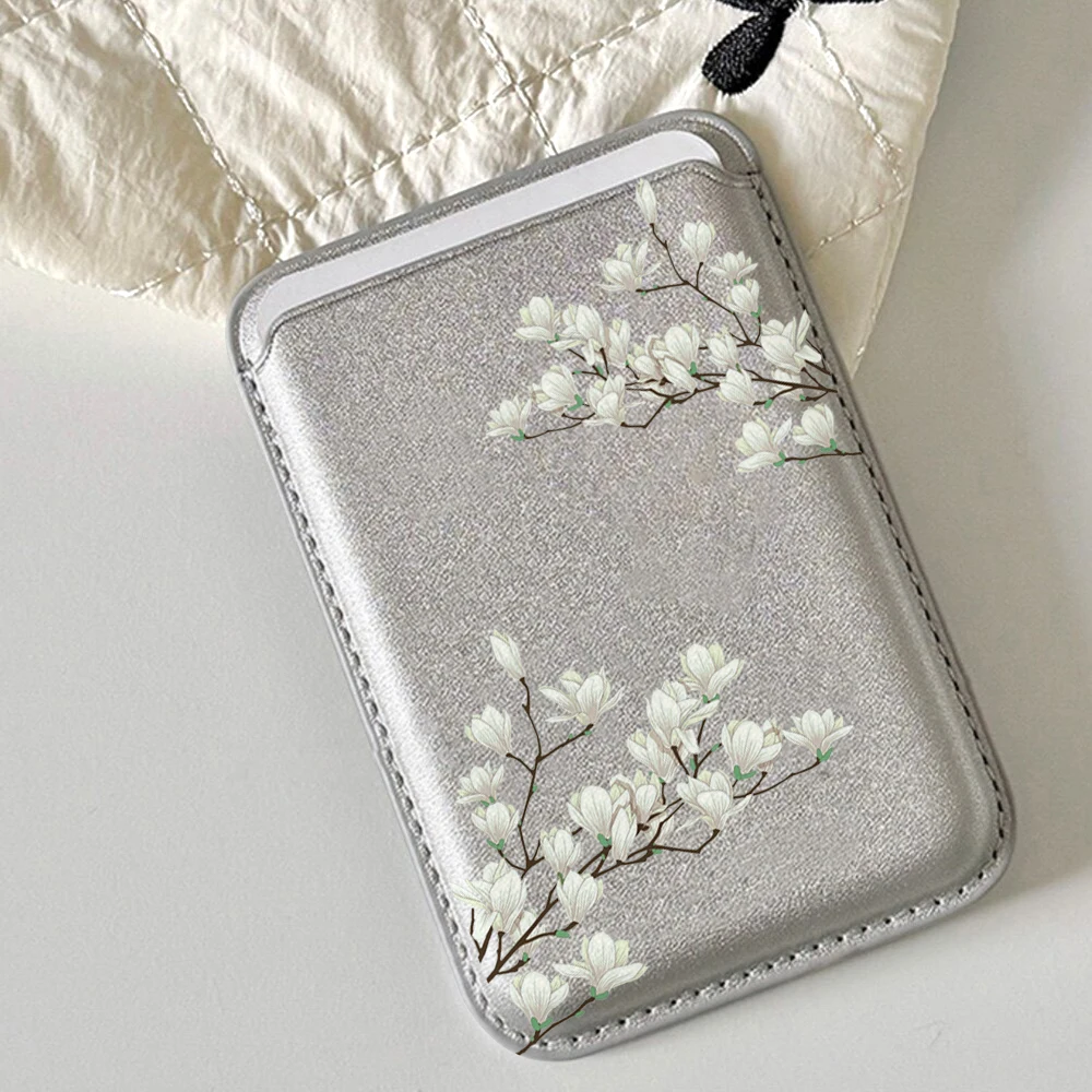 Magnolia Leder-Kartenetui Handyhülle Magnetische Hülle Geeignet für alle iPhone Magsafe Karten Blumen Handy-Rückentasche – Detail 1