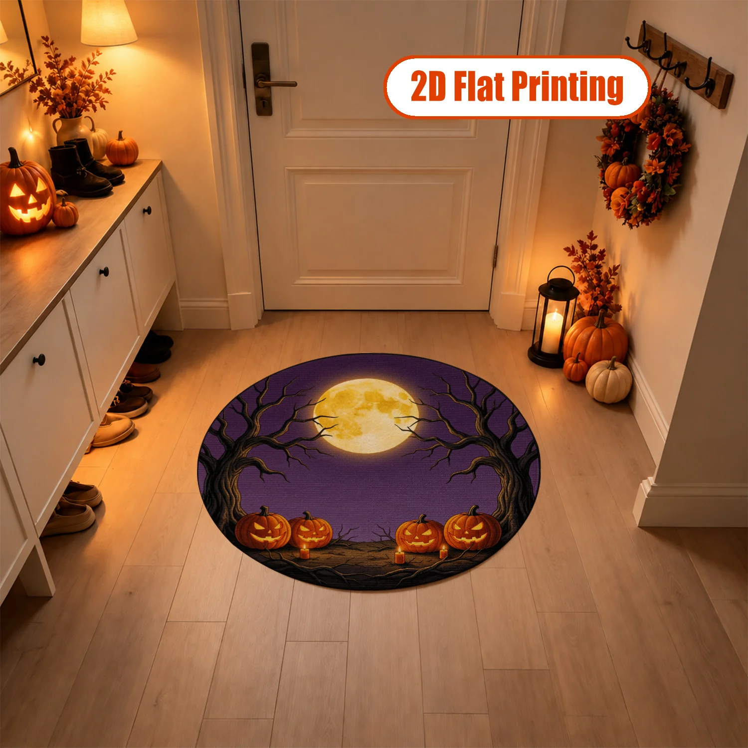 Halloween Pumpkin Full Moon Night Pattern Round Velvet Rug, Machine Washable Soft Floor Mat for Living Room, Bedroom, Entryway, Ideal for Halloween, Thanksgiving, Black Friday, Christmas, New Year Seasonal Decor