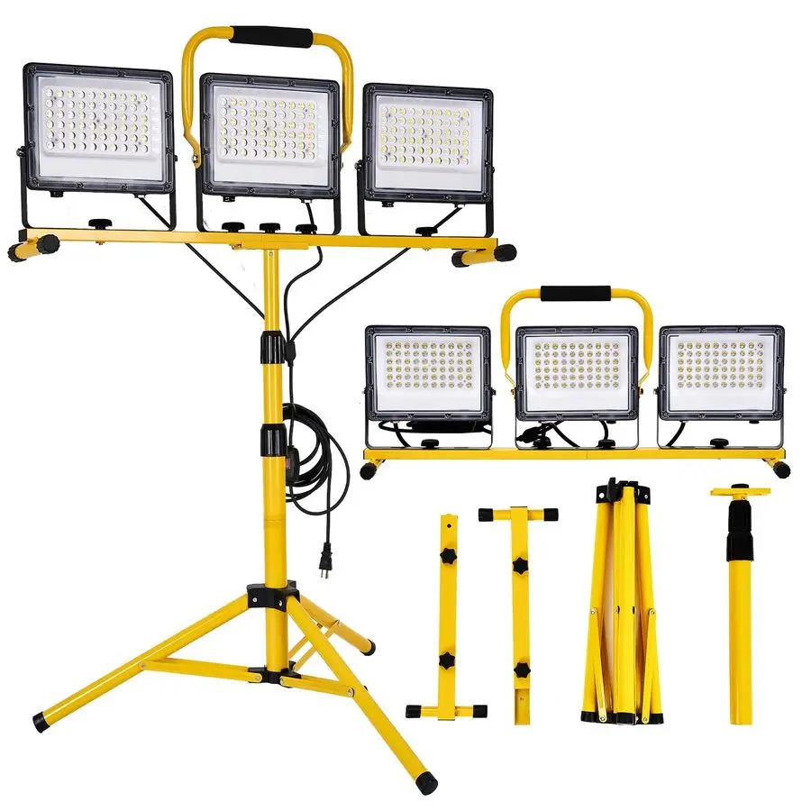 

Lumen LED Work Lights with Stand 3 Adjustable Head Waterproof Foldable Tripod Light, 6500K Daylight 4768 Height amp 18FT Cord IP