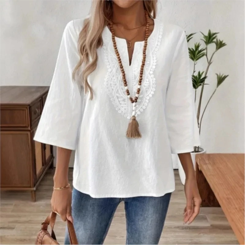 

T Shirt Femme V-neck Mid-sleeve Loose Lace Pullover Elegant Top Women's Summer 2026 Solid Color Versatile Vacation Top