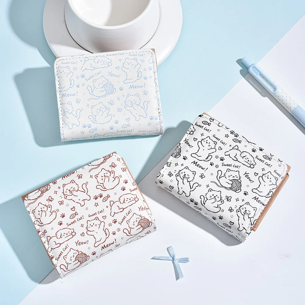 Cute Cartoon Print PU Leather Trifold Wallet for Girls Students Mini Short Purse Multi Card Slots Zipper Coin Pocket Snap Button