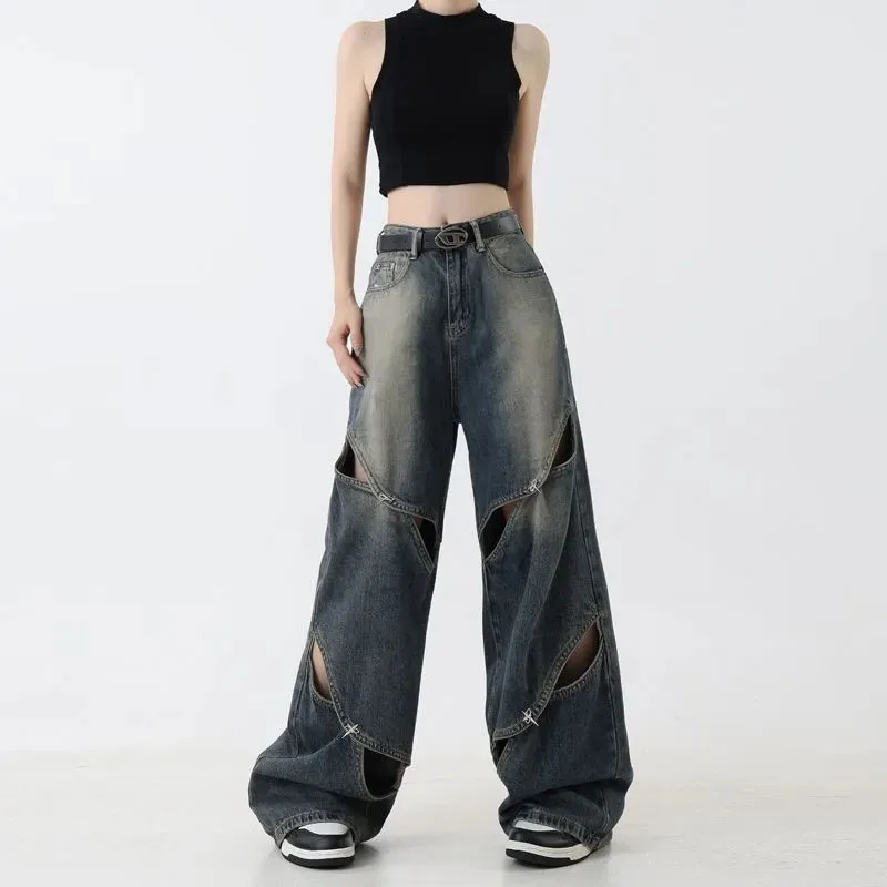 New Women's Ripped Washed Denim Wide-leg Pants Spring Summer, Thin Jeans Female Loose Perforated Straight Denim Trousers Tide