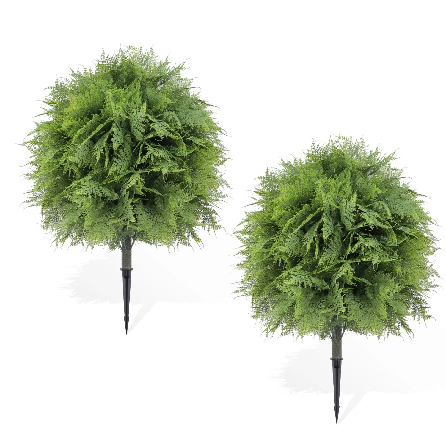 2 Pcs Artificial Fern Topiary Trees, Fake Ball Plants with Ground Stakes, UV Resistant Faux Greenery for Patio Garden Home Decor