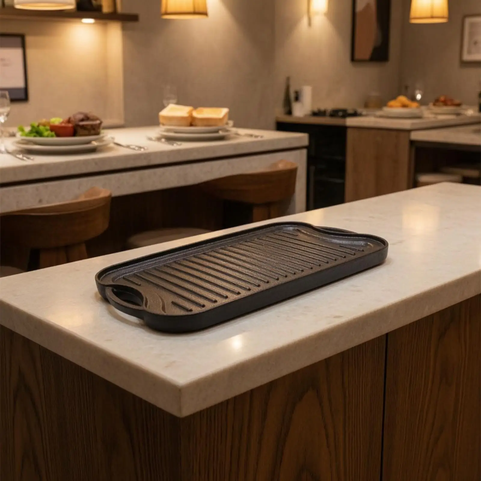 Cast Iron Rectangular Cooking Pan with Ridged Grill Surface for Stovetop and Oven Use