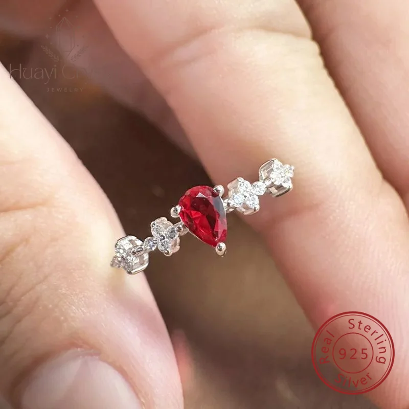 

S925 Sterling Silver Women's Ring Versatile Fashion Light Luxury Ring Pear-Shaped Cut Ruby Red Zircon wedding ring