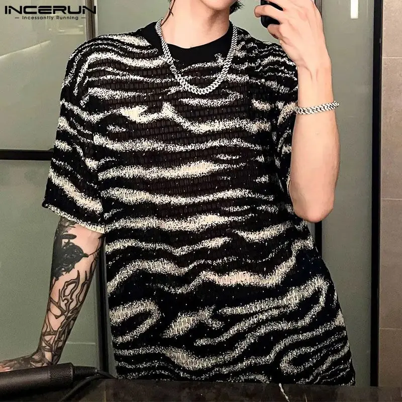 INCERUN Tops 2024 Korean Style Fashion Men's Zebra Pattern Perspective Jacquard T-shirt Casual Loose Short Sleeve Camiseta S-5XL