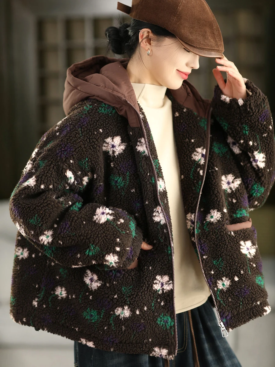 

Утепленная женская куртка с капюшоном из овечьей шерсти, на хлопковой подкладке, теплая зимняя одежда, вышивка Feifei Island