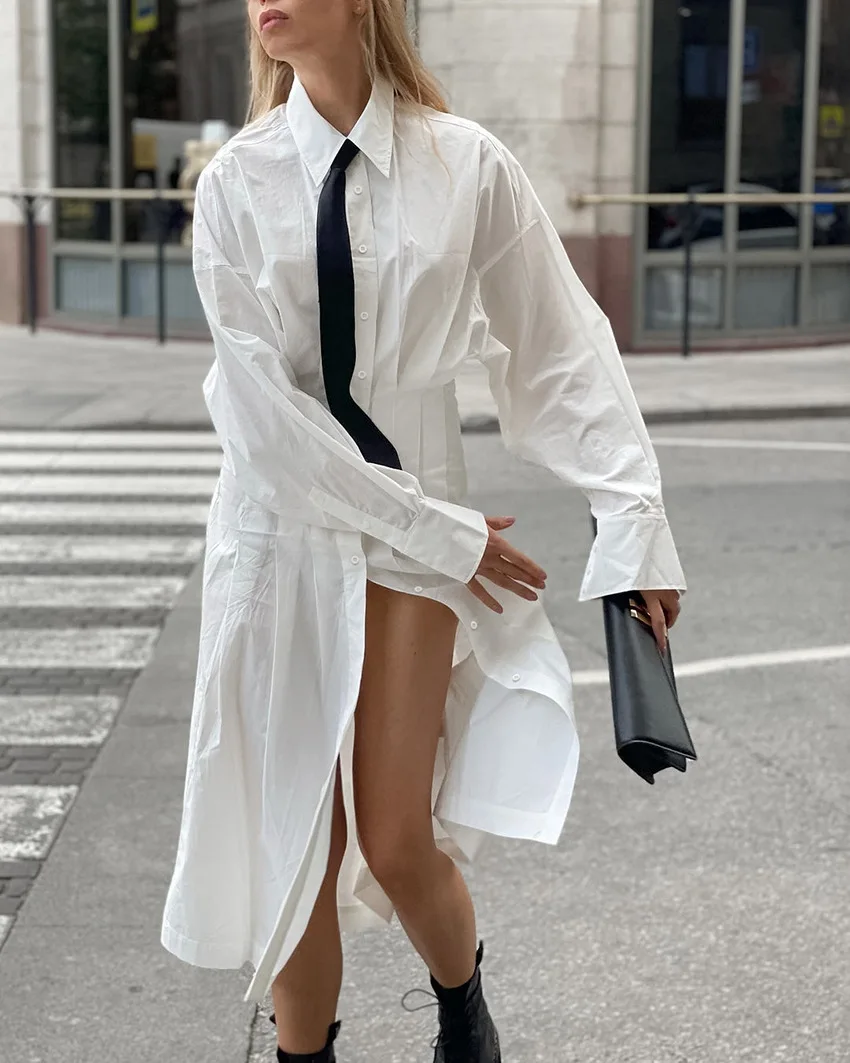 BKLD 2025 Autumn New Fashion Pure Cotton Shirt Dress Women Clothing Commuter Split Long Sleeve High Waist Slimming Pleated Dress