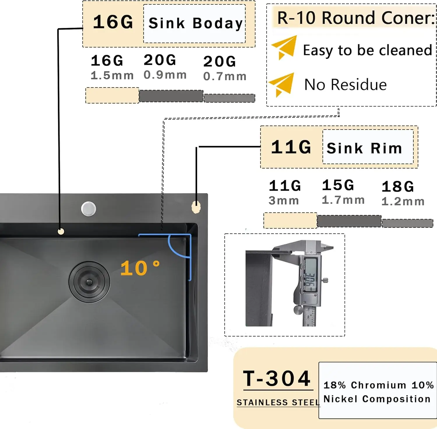 22x18 بوصة جونميتال الأسود قطرة في بالوعة المطبخ 16 مقياس الفولاذ المقاوم للصدأ Topmount لبار المطبخ RV الصغيرة وعاء واحد بالوعة الرطبة