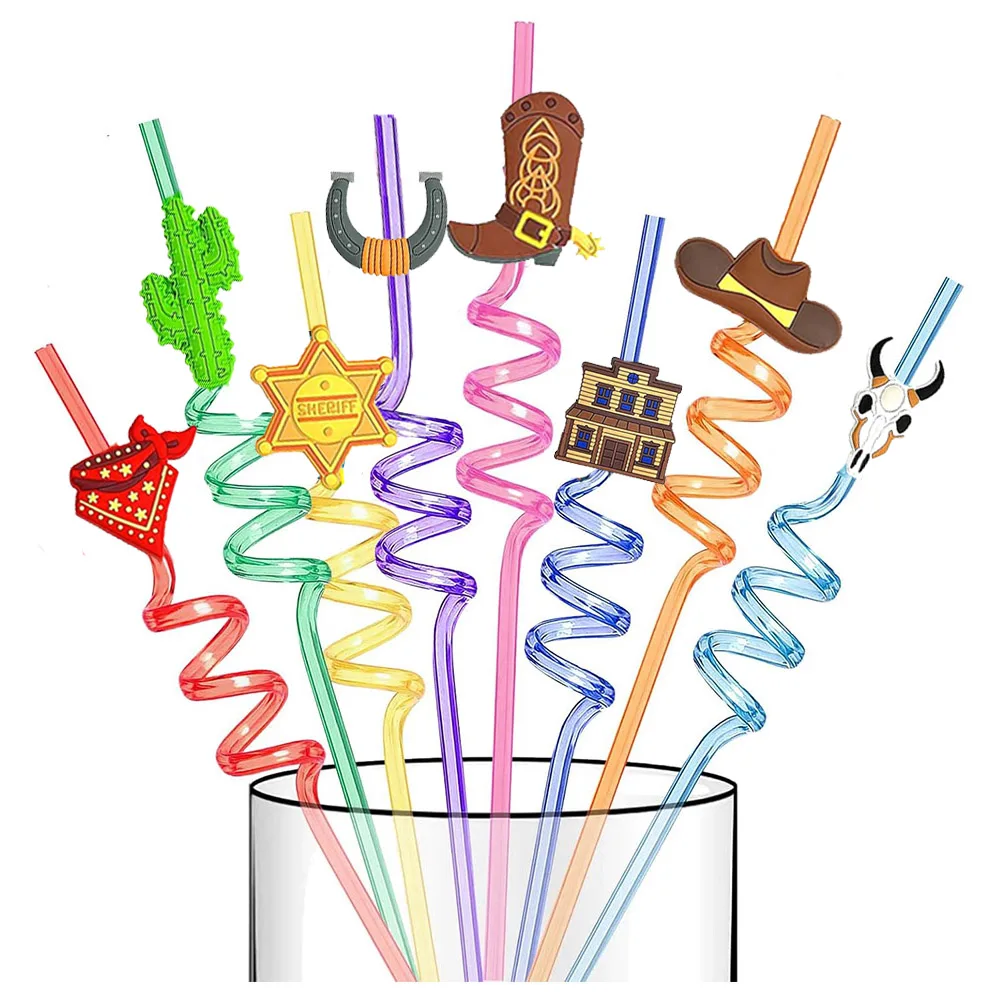 8pcs Reusable Cowboy Party Favors Drinking Straws Cowboy Plastic Straws for Cowboy Birthday Baby Shower Western Party Decoration