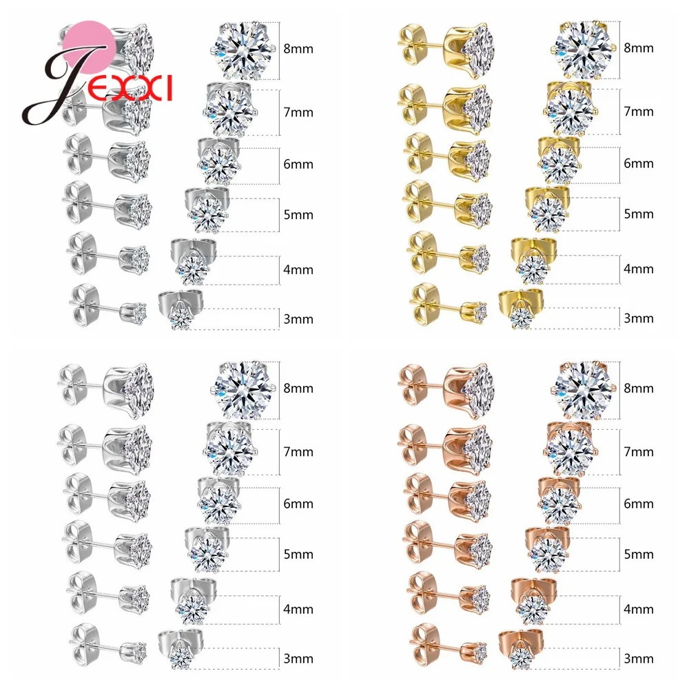 6 Pairs 3/4/5/6/7/8MM Mix Size 925 Silver Needle Rhinestone Claw Setting Simple Classic Stud Earrings for Man Woman Girl Boy