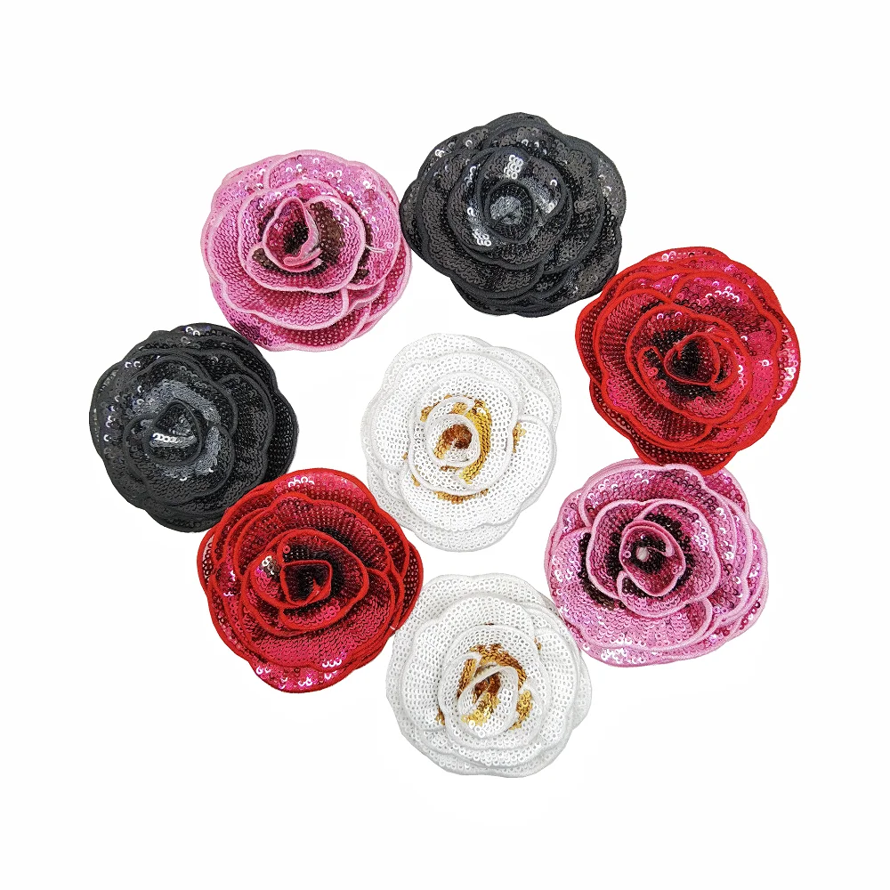 6pc 3D Rose Sequin Patch Red Flower Applique Beaded Flowers Sew On Patches For Clothing Jeans Clothes Appliques Parches AC1106