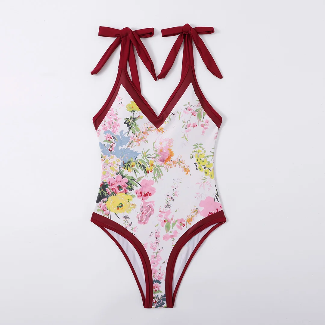 S - XL, einteiliger Badeanzug mit Blumenmuster und geknotetem Rock, Damen-Badebekleidung, Damen-Badeanzug mit Blumenmuster, V-Ausschnitt, Badeanzug, Modell V3965. – Detail 39