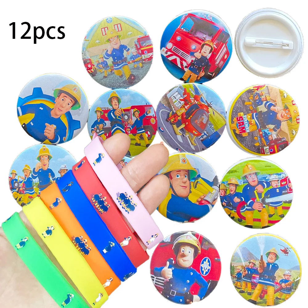 12 pcs Fireman Sam Badge Fire Truck Sam Bracelets Rubbe Firefighter Wristband Gifts Kids Firemen Birthday Party Favors Supplies