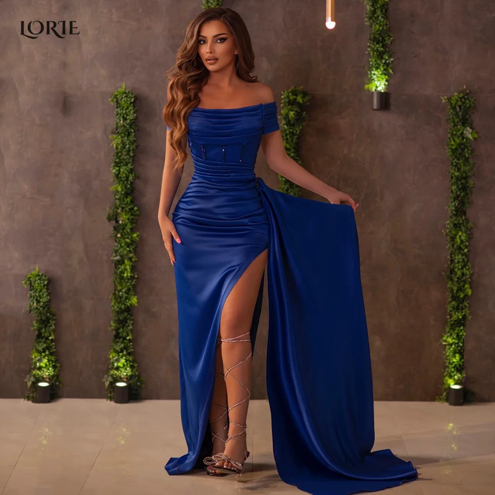 

LORIE Deep Blue Evening Dresses Draped Off Shoulder Mermaid Dubai Celebrity Party Gowns Side Slit Satin Mono Arabia Formal Gown