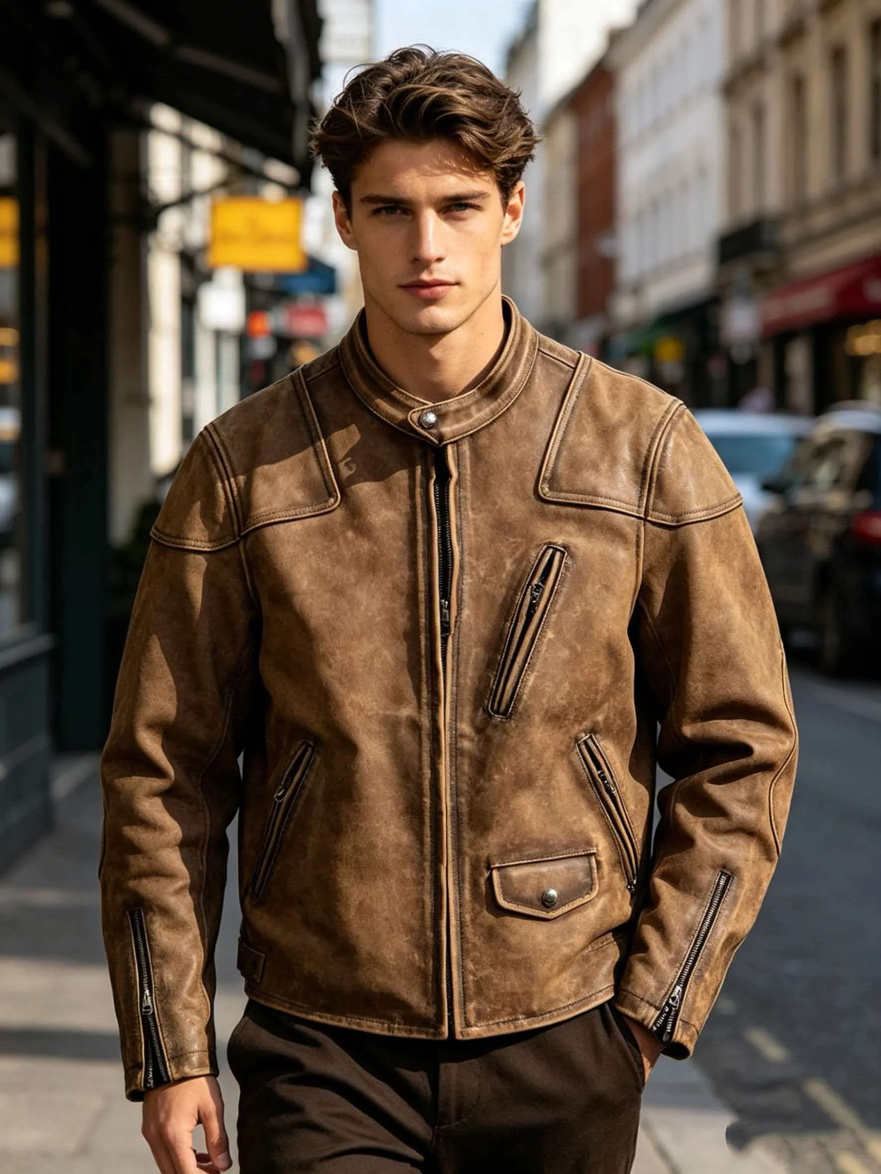 Lignt Brown Autumn Leather Jacket Men Retro Vintage Style Plus Size 5XL Genuine Natural Cowhide Stand Collar Sports Coat