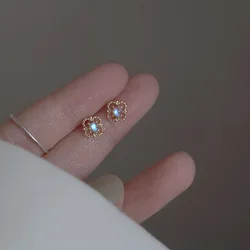 Sweet Cute Zircon Moonstone Hollow Flower Stud Earrings For Women Girl Teen Simple Birthday Party Jewelry Accessories Gift