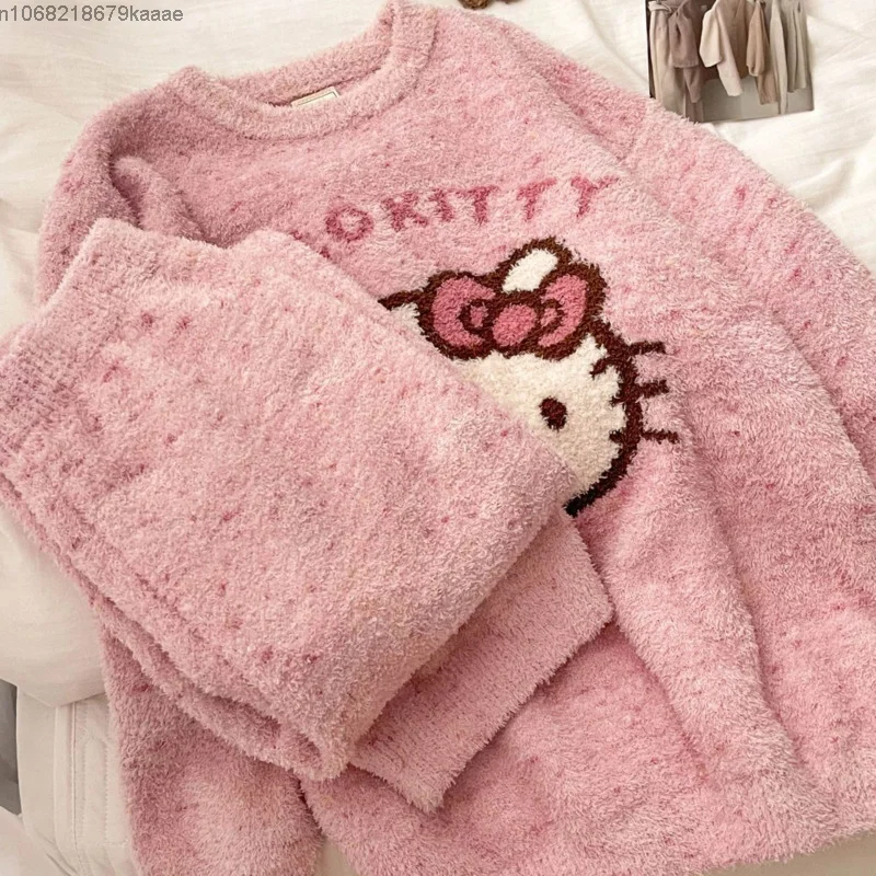 Sanrio Hello Kitty Women Winter New Sweet Cartoon Pajamas Half Velvet Round Neck Home Clothes Cute Y2k Girl Warm Thick Sleepwear