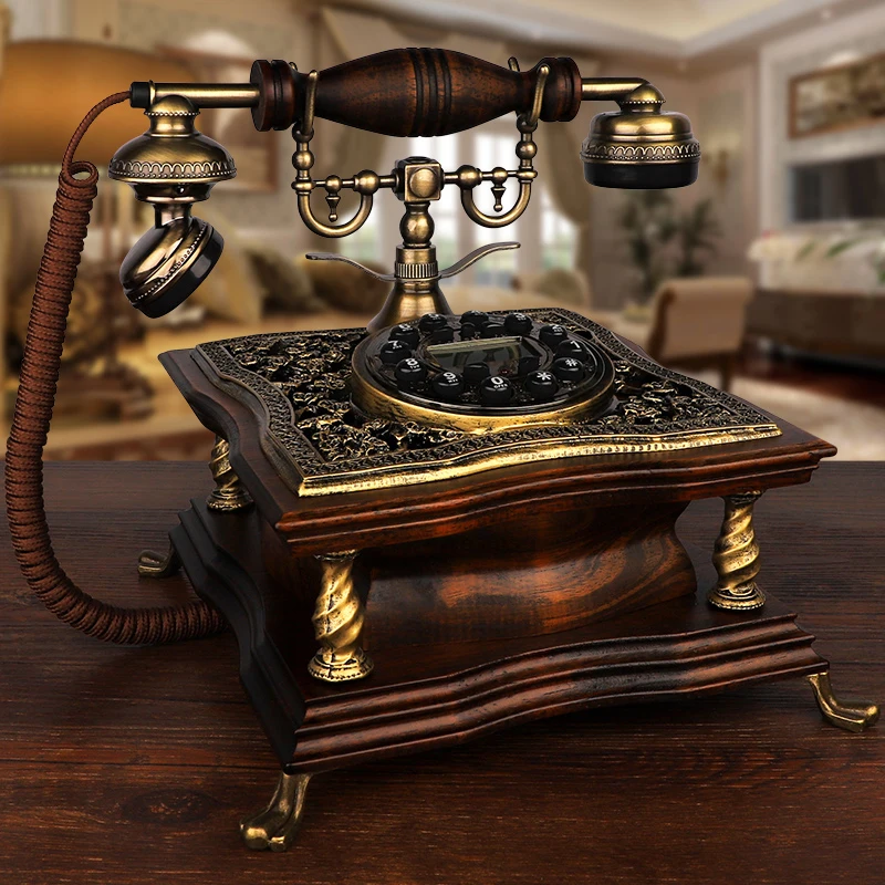 American Antique Telephone Button/Rotary Dial Solid Wood Household Landline , LCD Blue Backlit, Handsfree Calling