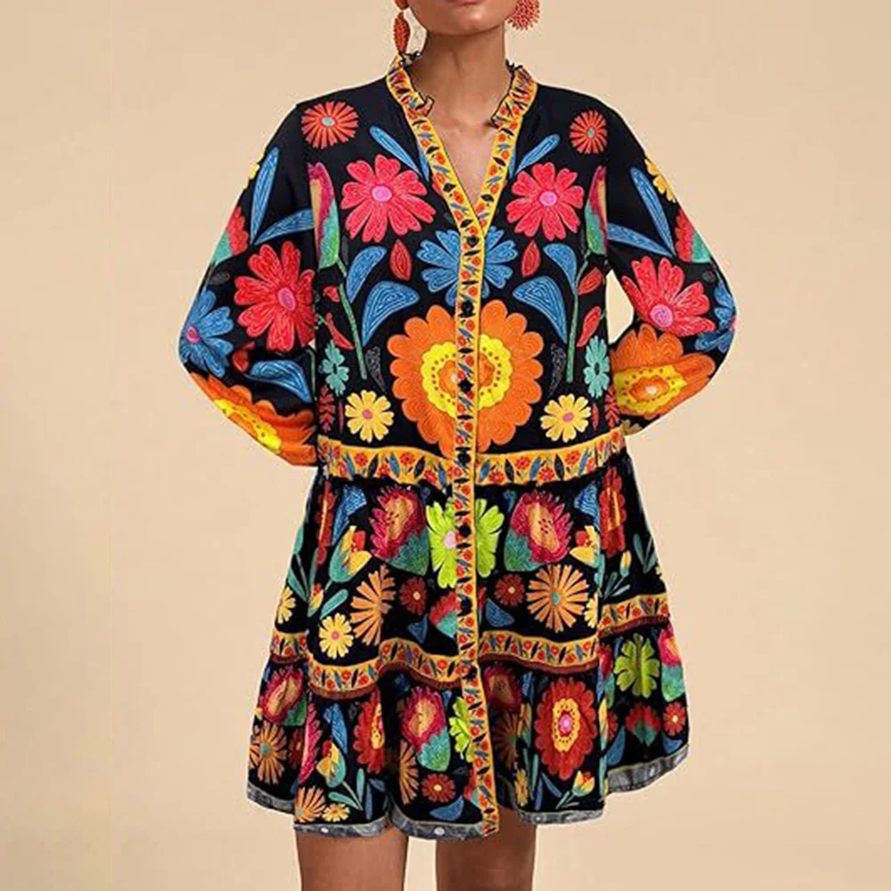 Frauen Ethnische All-over Blumen Druck Boho Lange-sleeve Geknöpft Lose anliegende Frauen Blume Blumen Druck Kleid Herbst