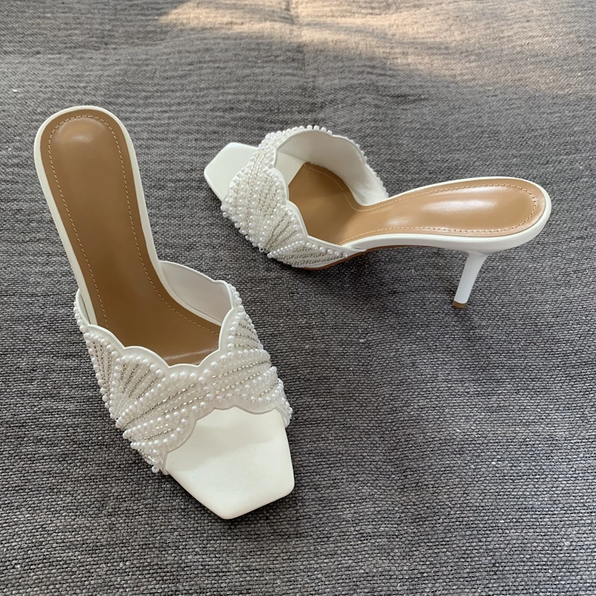 Damen Perlenbesetzte Sandalen mit eckiger Zehenpartie und hohem Absatz, offene Stiletto-Absätze, 2026 Party- und Hochzeitsschuhe, Damen-Sommer-Mules – Detail 4