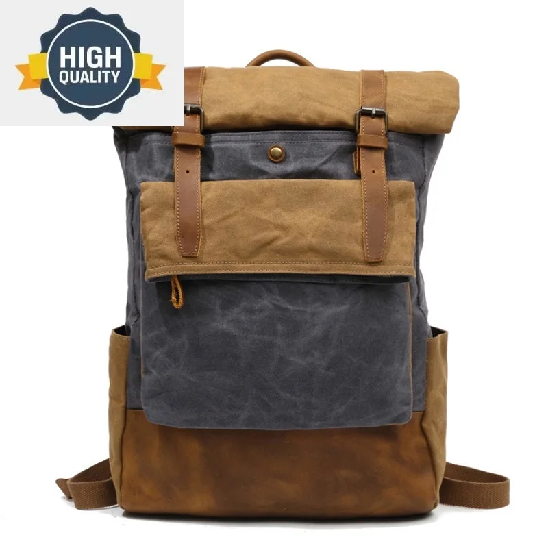 Vintage Men Daypacks Canvas Backpack leather School bag Designer Casual Fashion Waterproof Travel Bag Male Back Pack Bagpack