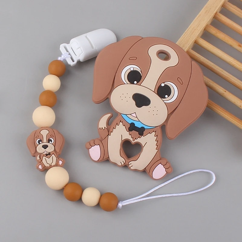 2pcs Food Grade Silicone Beads Baby Pacifier Clip + Cute Puppy Silicone Teether Toy Toddler Pacifier Leashes Nipple Holder