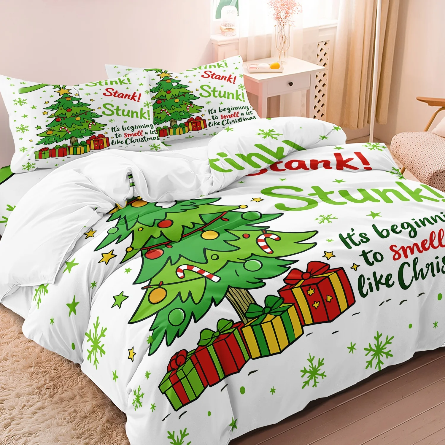 Juego de funda nórdica de árbol de Navidad y copo de nieve de 3 piezas: ropa de cama festiva para vacaciones con "¡Pienzo! ¡Patada!" Impresión de texto, diseño verde y rojo